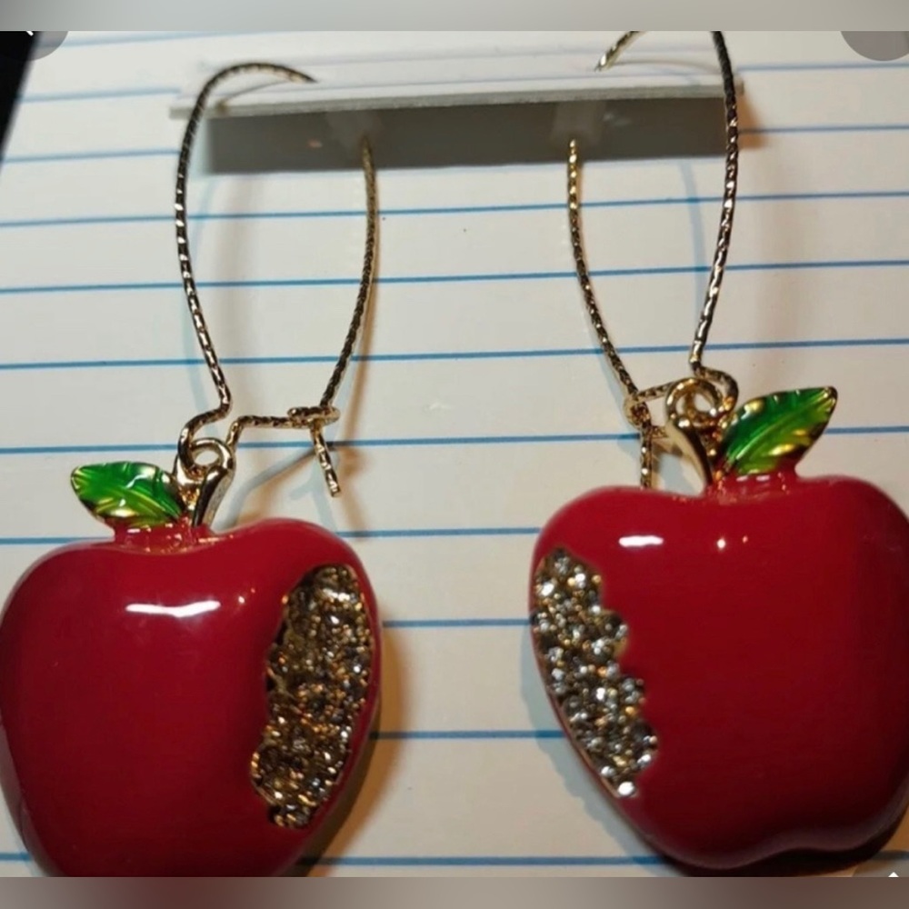 NWOT š Bella Jack gold tone red enamel CZ apple lightweight 2.5ā earrings - Picture 4 of 6